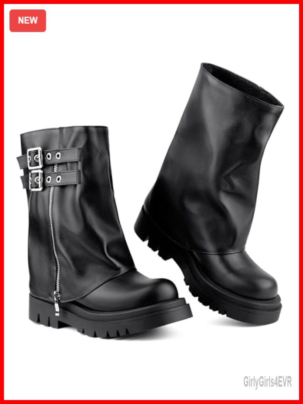 Slouchy Fold Over Mid Calf Moto Combat Boots Faux Leather Platform